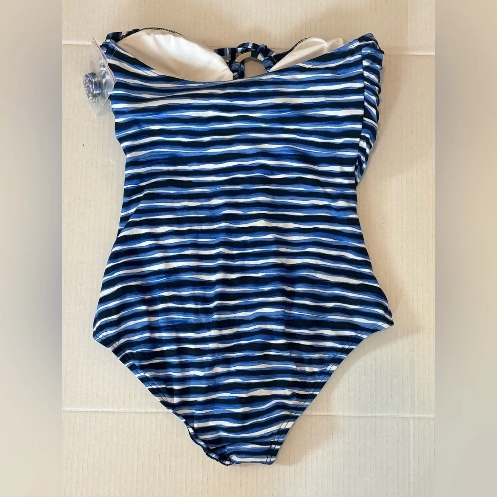 Michael Kors Striped Logo-ring Halter 1pc Swimsuit Blue/ White NWT Size 10